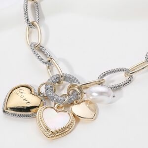 Two Tone 14K Gold Plated CZ Paved LOVE & Mother of Pearl Charm Necklace